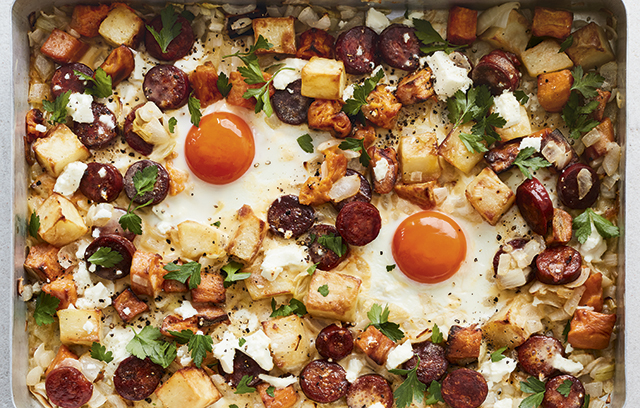 Baked Eggs with Chorizo and Roast Potatoes