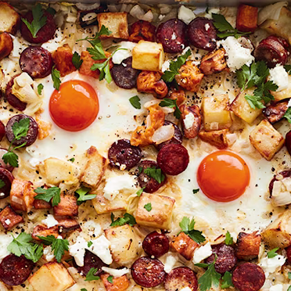 Baked Eggs with Chorizo and Roast Potatoes