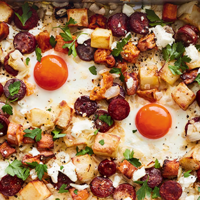 Baked Eggs with Chorizo and Roast Potatoes