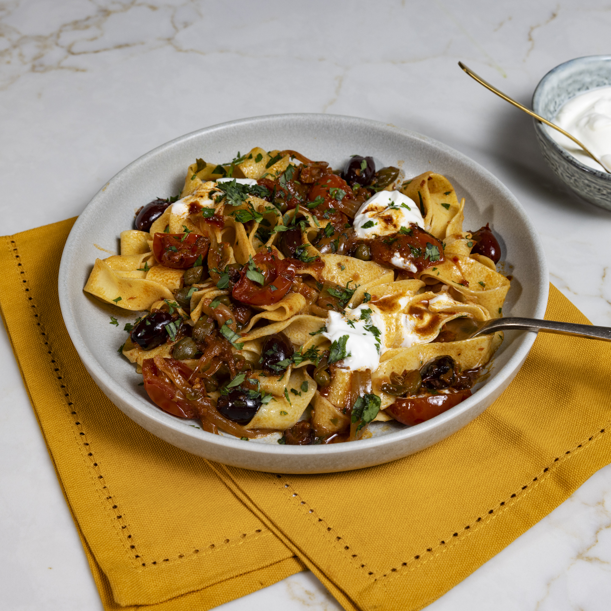 Pappardelle with Rose Harissa, Black Olives and Capers