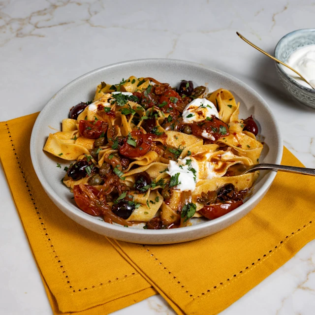 Pappardelle with Rose Harissa, Black Olives and Capers