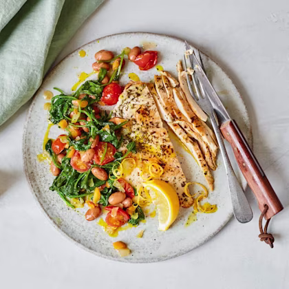 Flattened Lemony Chicken with Borlotti Beans, Tomatoes and Spinach