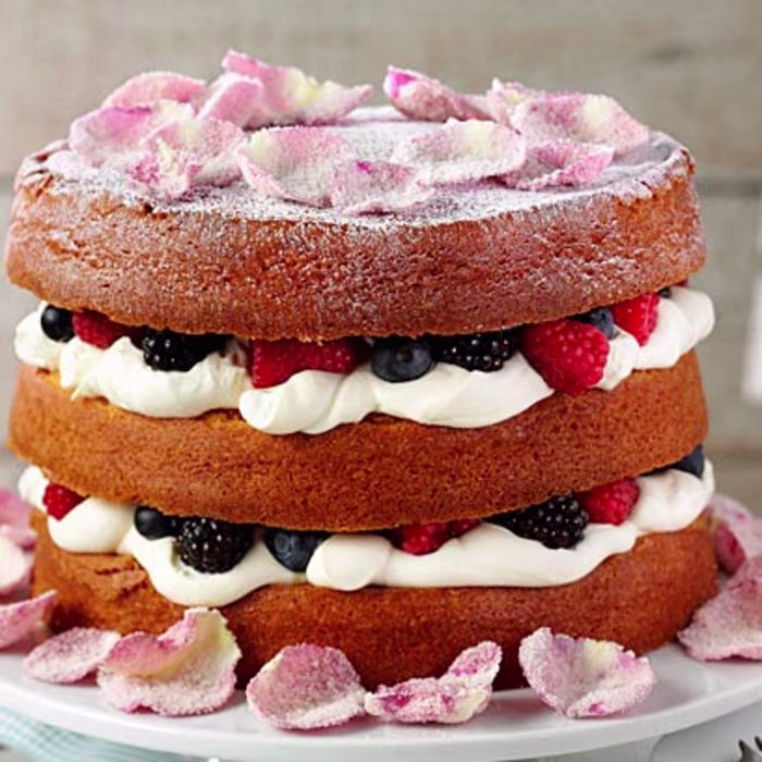 Summer Berry Cake with Crystallised Rose Petals