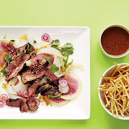 Miso and Sesame-griddled Beef Fillet with Radish Salad and Match Chips