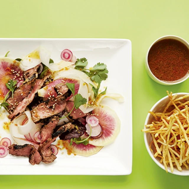 Miso and Sesame-griddled Beef Fillet with Radish Salad and Match Chips
