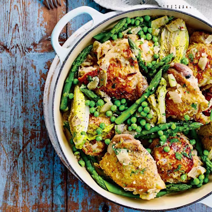 One-pot Spring Chicken Stew with Asparagus, Peas and Lettuce