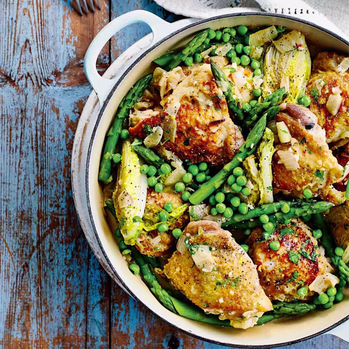 One-pot Spring Chicken Stew with Asparagus, Peas and Lettuce