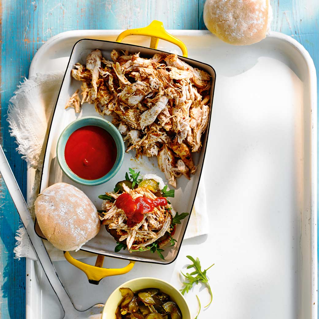 Pulled chicken burger with homemade BBQ sauce