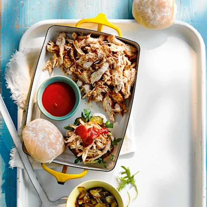 Pulled chicken burger with homemade BBQ sauce