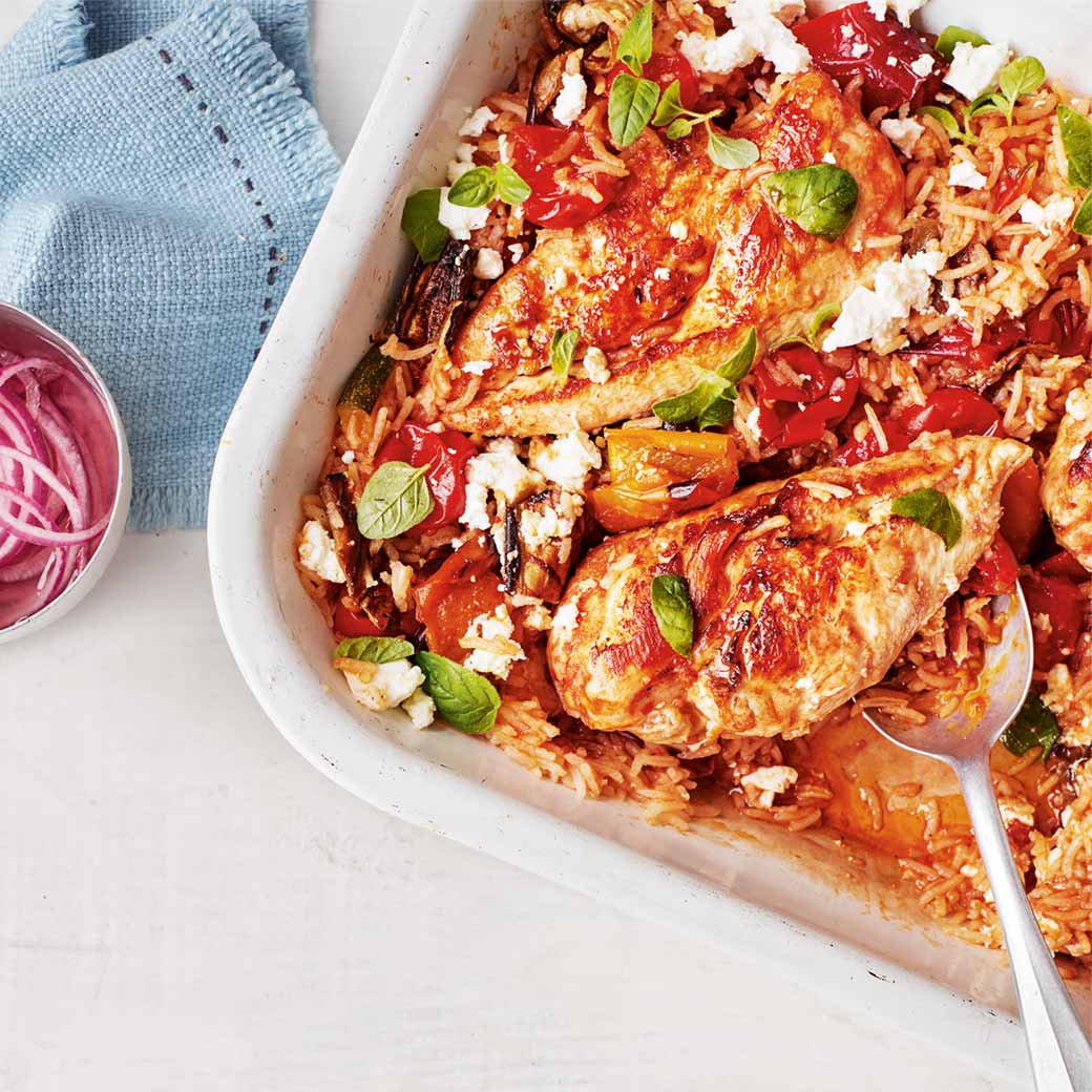 Mediterranean Chicken Traybake with Feta, Rice & Red Onion Pickle