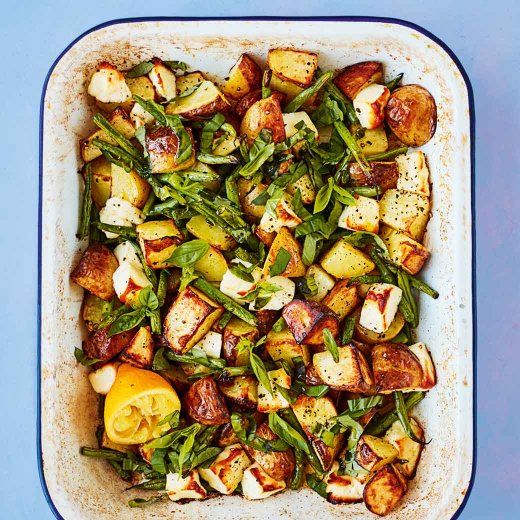 Green Bean, Potato and Halloumi Traybake