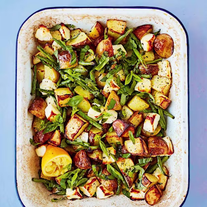 Green Bean, Potato and Halloumi Traybake