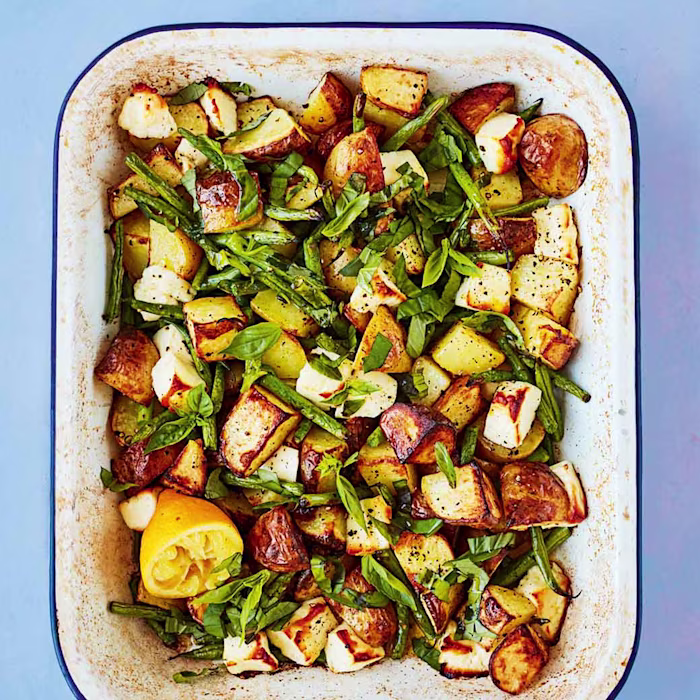 Green Bean, Potato and Halloumi Traybake