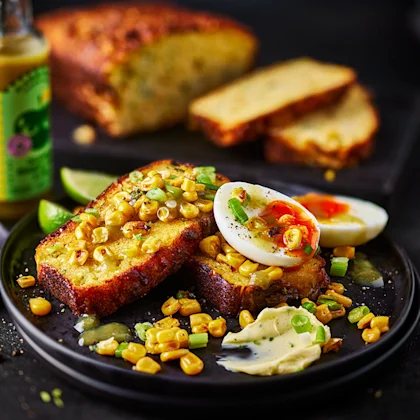 Spring Onion Cornbread with Eggs and Charred Corn