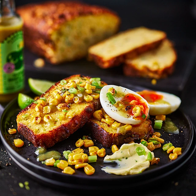 Spring Onion Cornbread with Eggs and Charred Corn