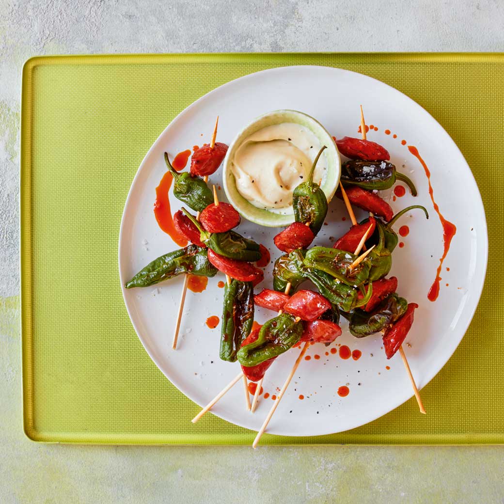 Padron Pepper and Chorizo Skewers With Confit Garlic Mayo