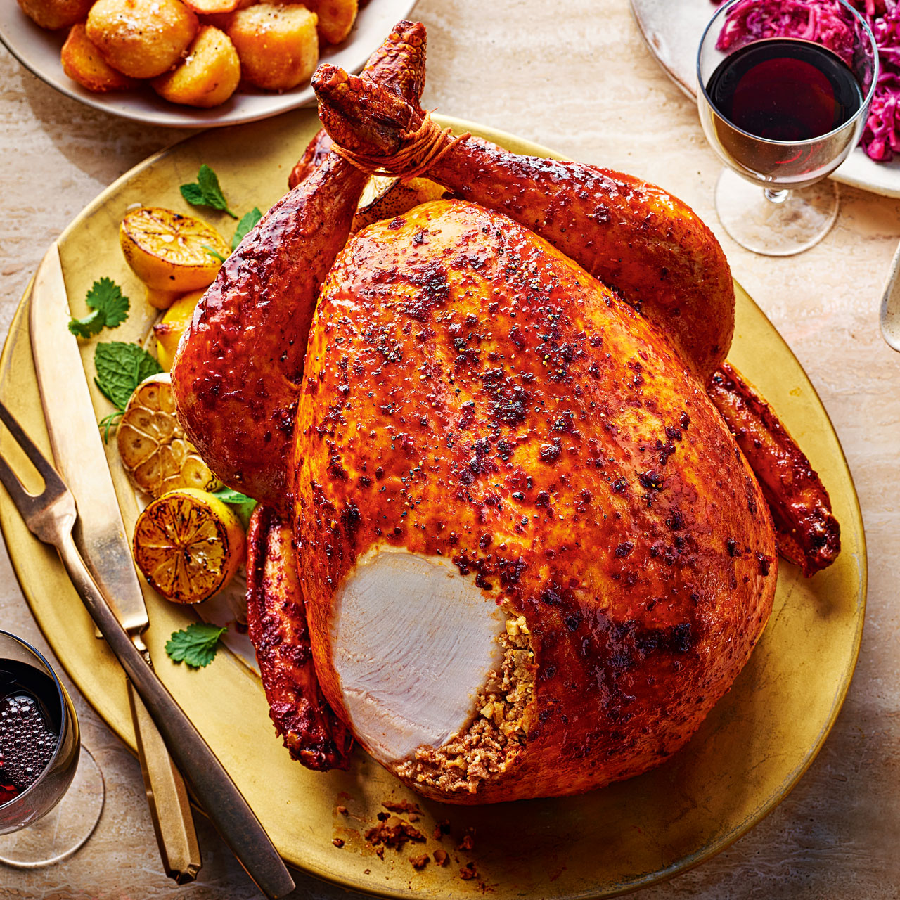 Harissa and Buttermilk Roast Turkey with Merguez and Couscous Stuffing