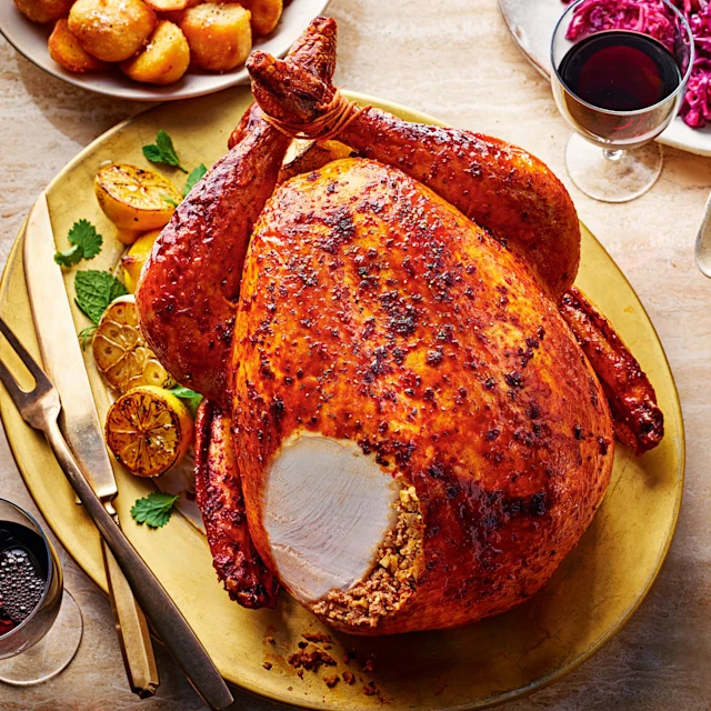 Harissa and Buttermilk Roast Turkey with Merguez and Couscous Stuffing