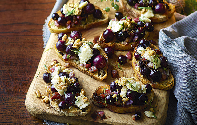 Roast Grape, Gorgonzola and Pancetta Crostini