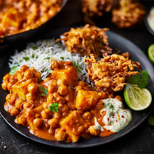 Shellina Permalloo’s Potato & Chickpea Curry with Coriander and Lime Rice and Onion Pakoras