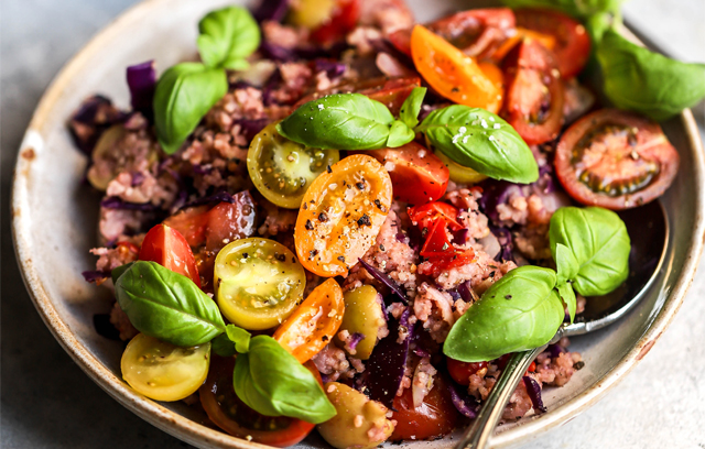Rainbow Vegetable Cous Cous with Houmous Dressing