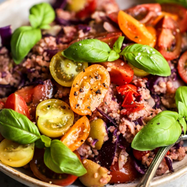 Rainbow Vegetable Cous Cous with Houmous Dressing