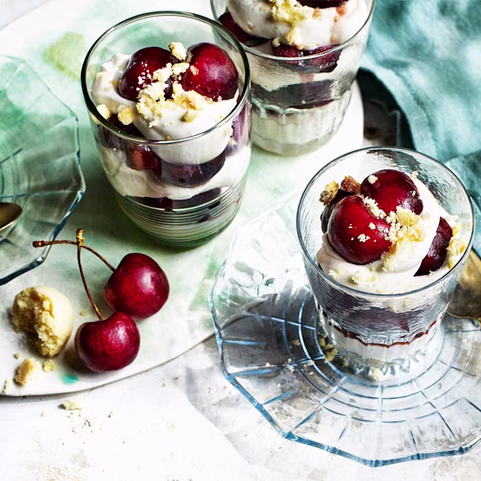Cherries steeped in amaretto with whipped cream & yoghurt