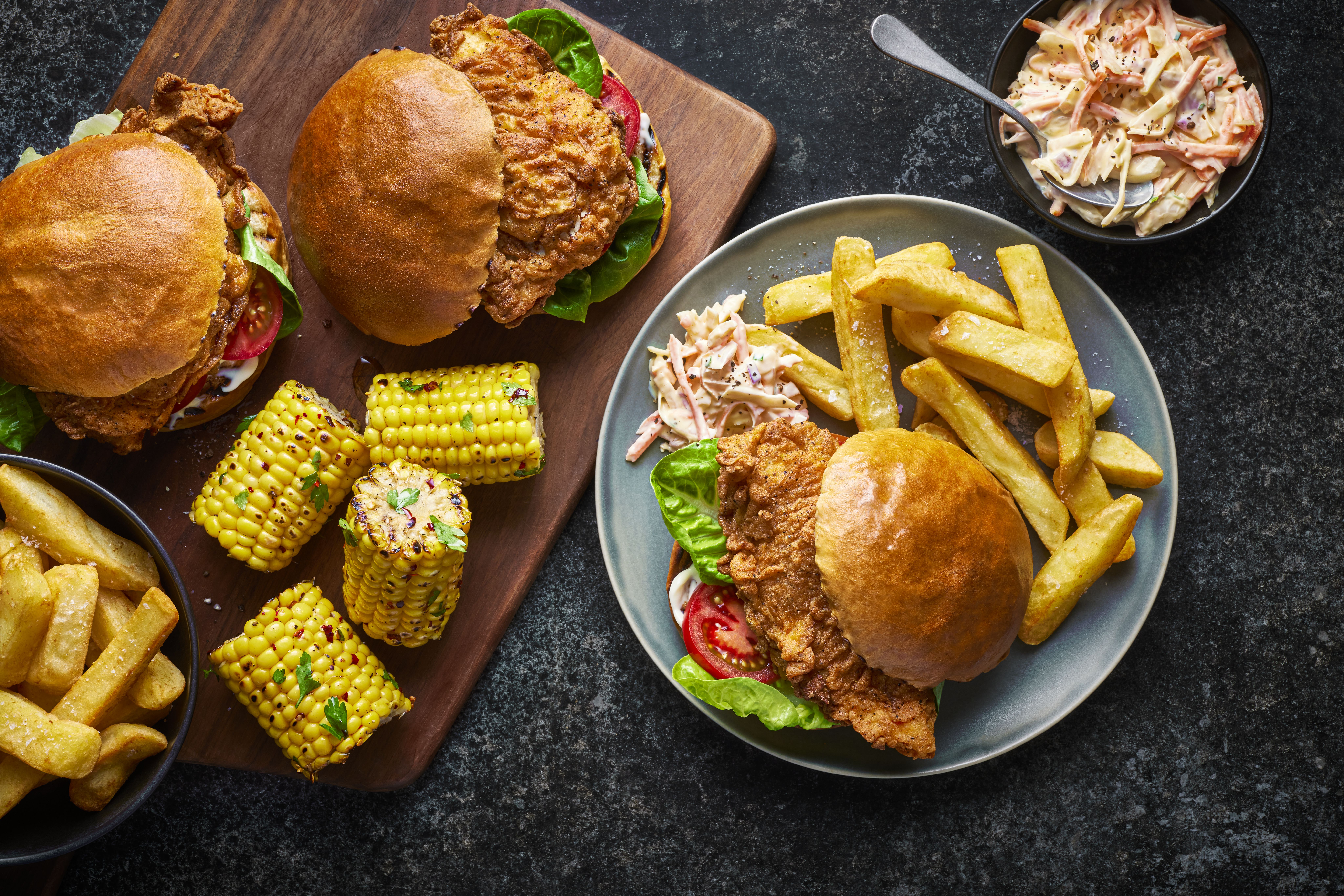 Southern Fried Chicken Burger with Corn, Coleslaw and Fries