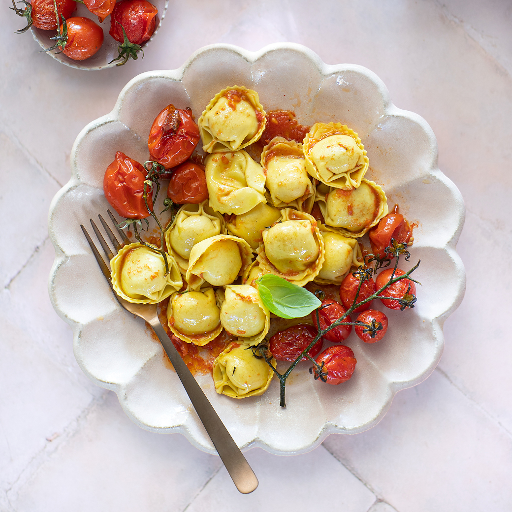 Aubergine Parmigiana Fresh Tortelloni with Garlic-roasted Cherry Tomatoes