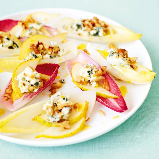 Walnut, pear, blue cheese chicory boats