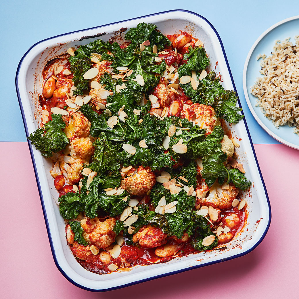 Smoky Cauliflower, Butter Bean and Kale Traybake