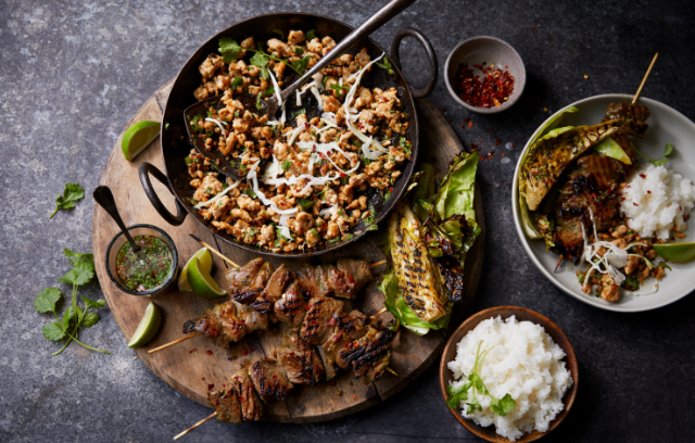 Northern Thai Chicken Larb, Pork Shoulder Skewers, Sticky Rice & Chargrilled Cabbage