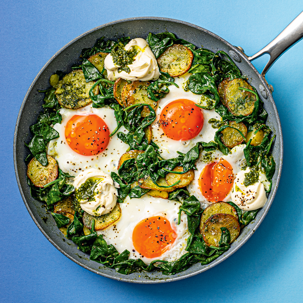 Potato, Spinach and Pesto Baked Eggs