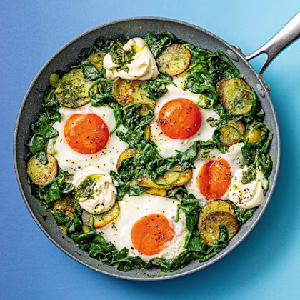 Potato, Spinach and Pesto Baked Eggs