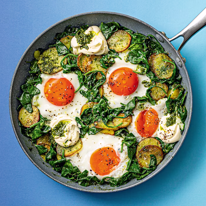 Potato, Spinach and Pesto Baked Eggs