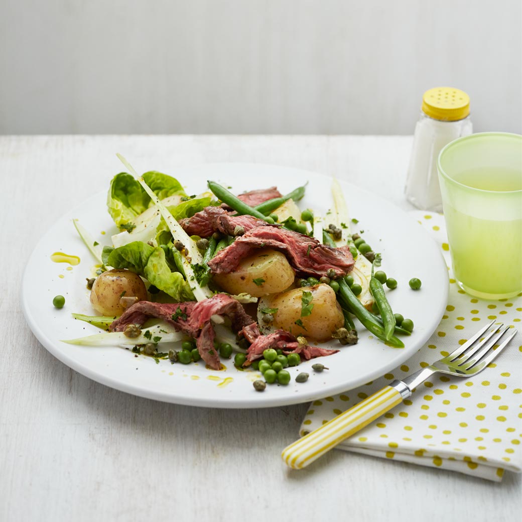 Seared bavette and shaved fennel salad with green beans and peas