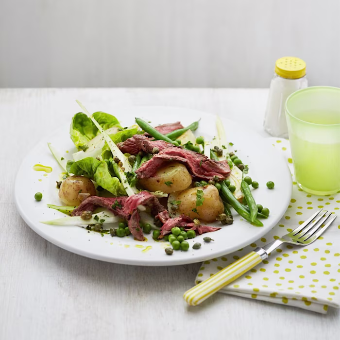 Seared bavette and shaved fennel salad with green beans and peas