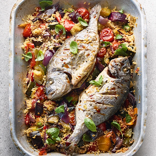 Mediterranean Sea Bream Traybake with Couscous