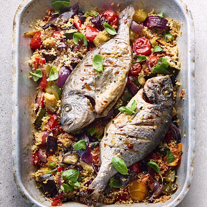 Mediterranean Sea Bream Traybake with Couscous
