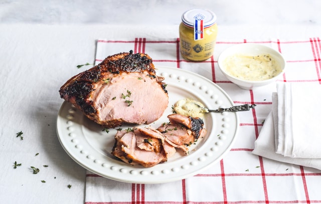 Traditional honey mustard glazed ham with crème fraîche sauce.
