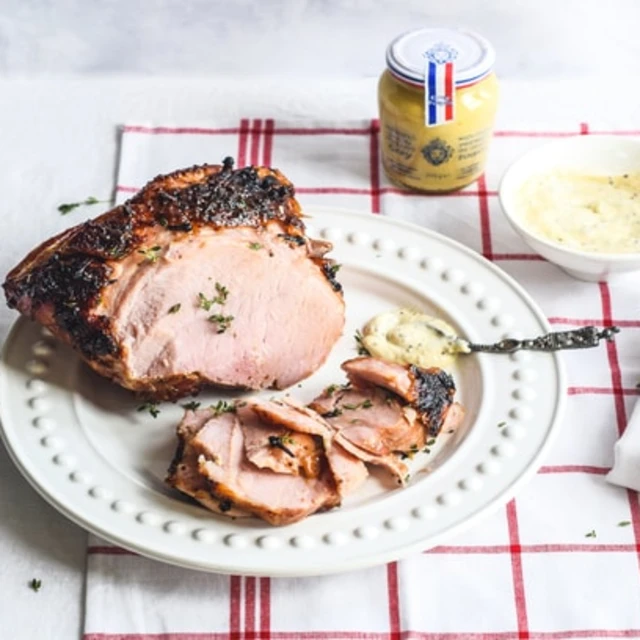 Traditional honey mustard glazed ham with crème fraîche sauce.