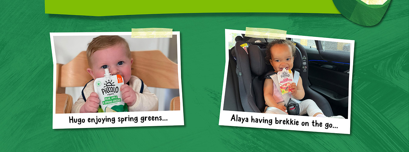 Hugo enjoying spring greens | Alaya having brekkie on the go