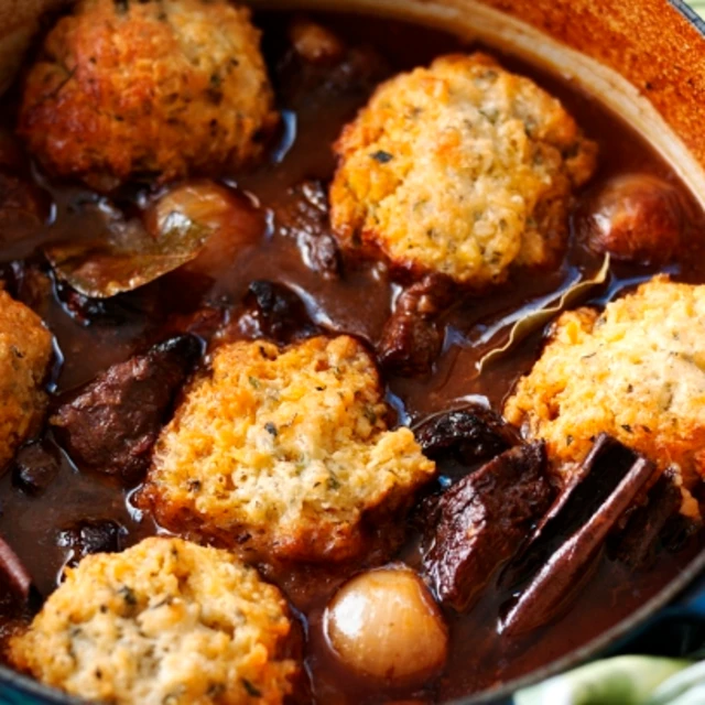 Rich Beef Stifado Stew with Herby Dumplings