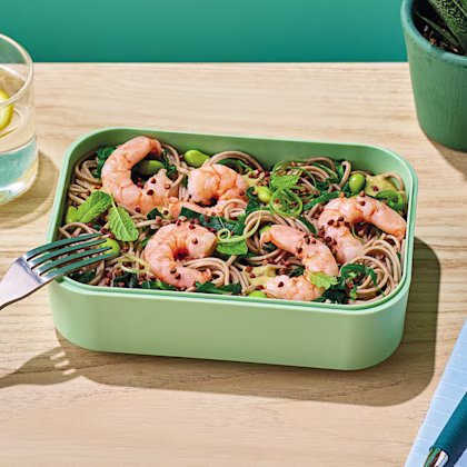 Prawns and Buckwheat Noodles with Avocado Dressing
