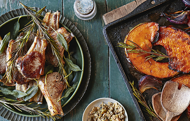 Lamb Chops with Sherry-Roasted Pumpkin and Stilton Granola