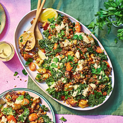 Creamy Kale Salad with Crunchy Seeds and Croutons