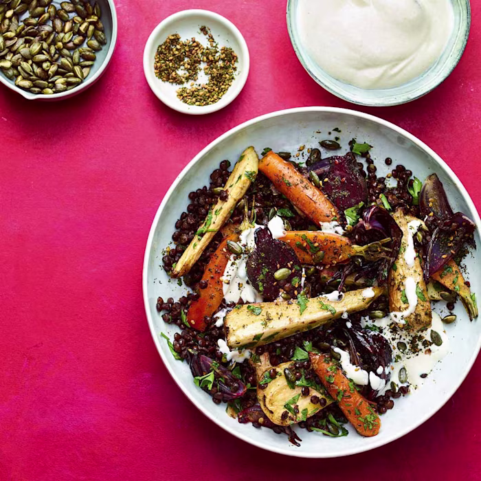 Za’atar veg and lentil bowls with tahini yogurt