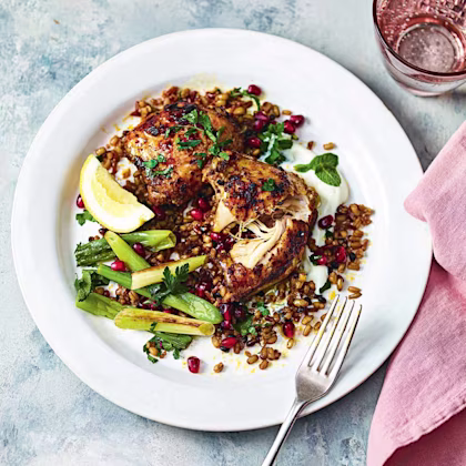 Roasted shawarma chicken with spring onions and grains