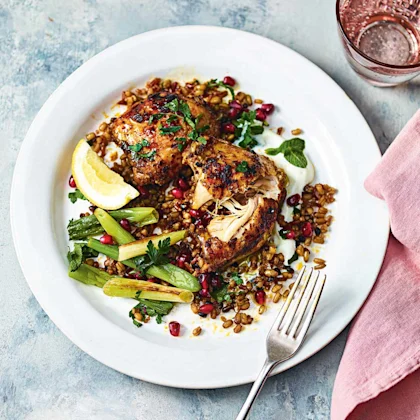 Roasted shawarma chicken with spring onions and grains