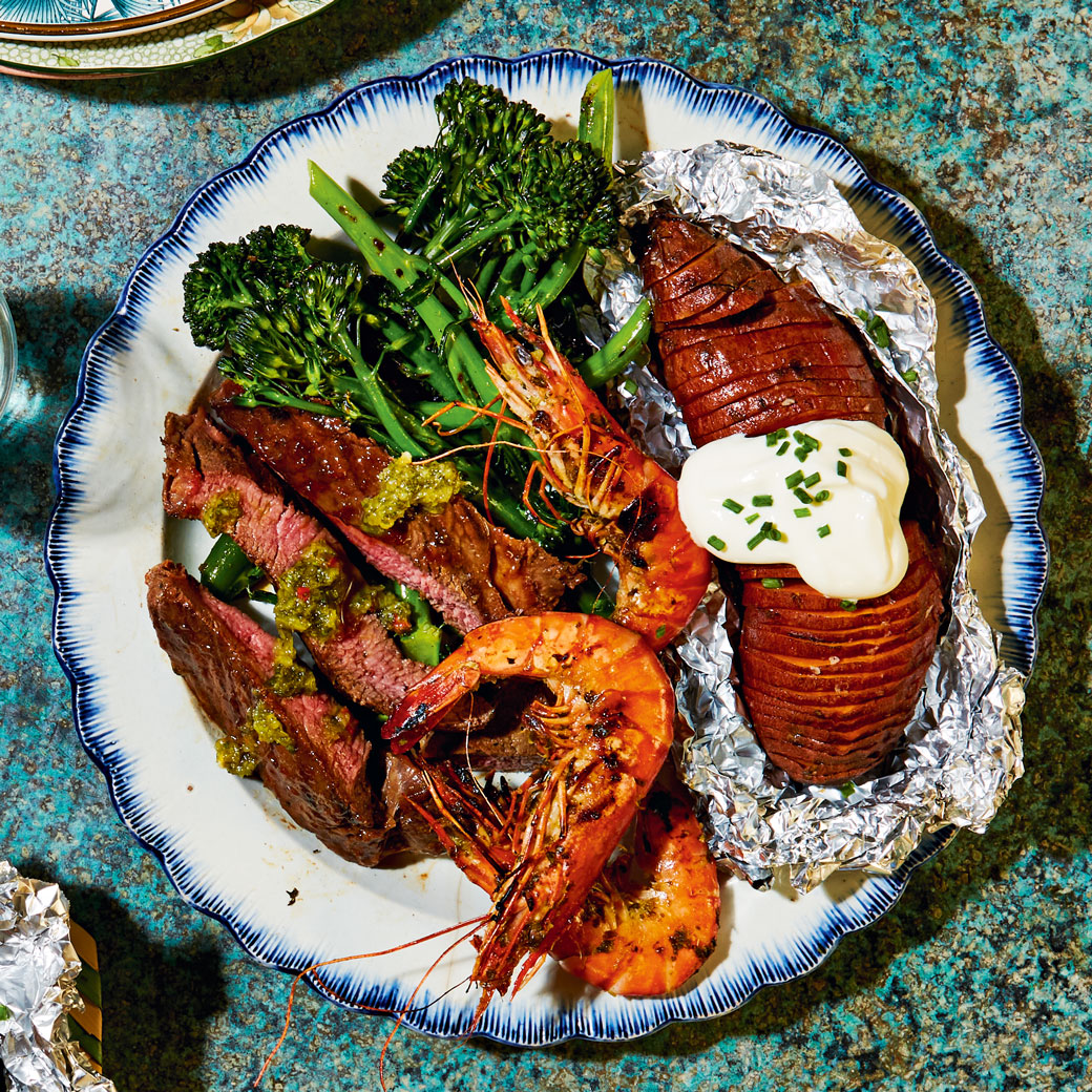 Kona-style Surf ’n’ Turf with Pineapple Salsa and Sweet Potato